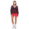 Full view of the PE NATION Retreat Stripe Collar Knit Strawberry Stripe Shirt,  26/27 Womens's model