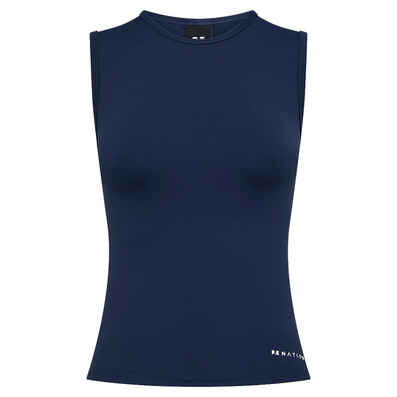 Product view of the PE NATION Foundation Muscle Tank Dark Navy Tops,  26/27 Womens's model