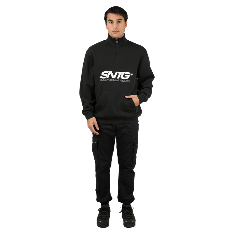 Full-body view of the St Goliath Overlapped Zip in Black colourway, men's model