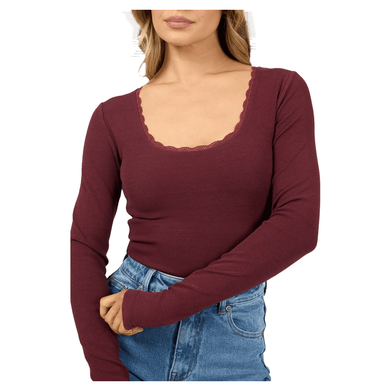 Washed Rib Scoop Neck L/S Tee - Womens