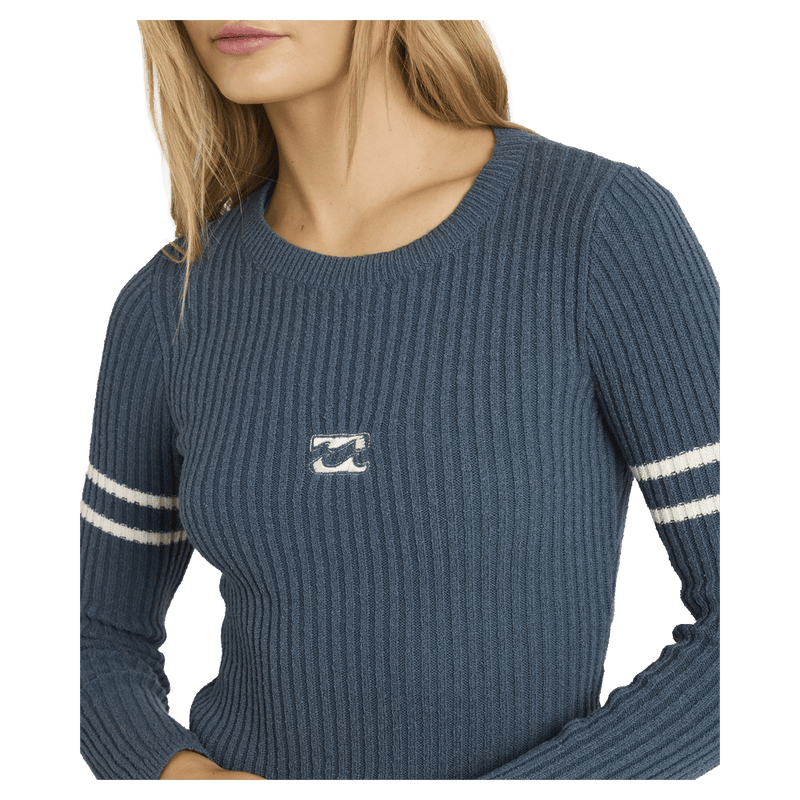 Front view of women wearing the Billabong Real Since 73 Sweater in Stormy
