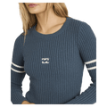 Front view of women wearing the Billabong Real Since 73 Sweater in Stormy