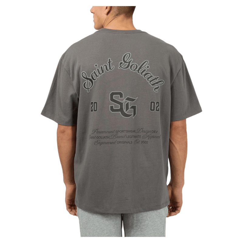 Back view of the St Goliath Interval Tee in Dark Grey colourway, men's model
