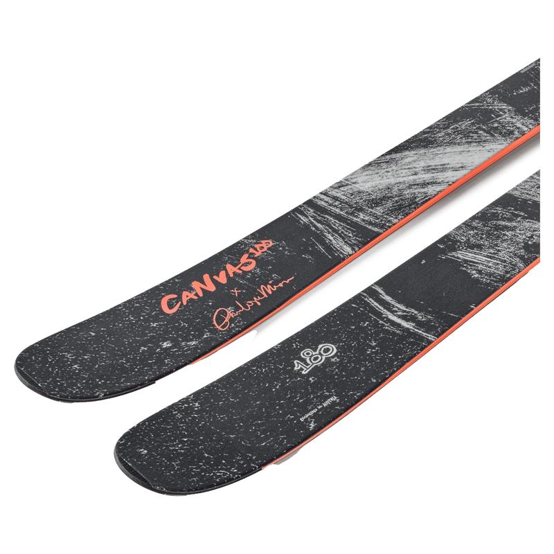 Top view of Blizzard Canvas 100 Ski 2027, black topsheet with sweeping white graphic and orange branding.
