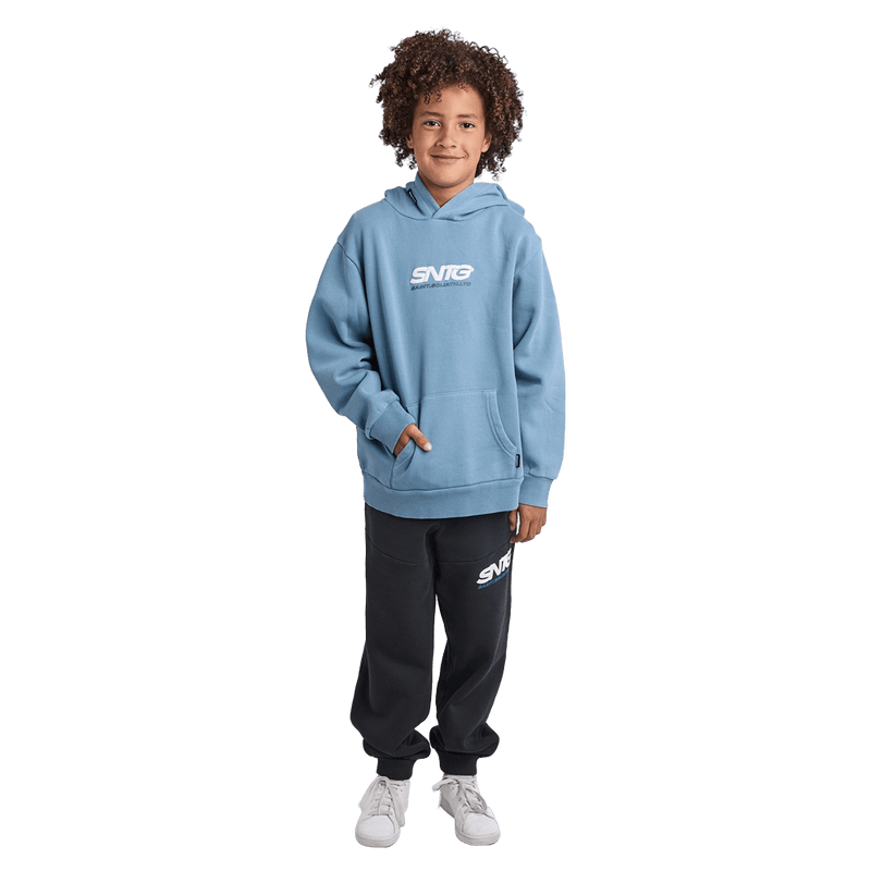 Full-body view of the St Goliath Challenger Hoodie in Mid Blue colourway, kids's model