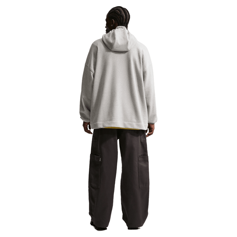 Back view of the Nike Sportswear Club Hoodie in Dark Grey Heather colourway, unisex model