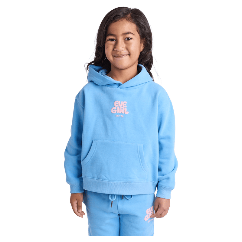 Front view of the Eve Girl Sport Club Hoodie in Blue colourway, toddler's model