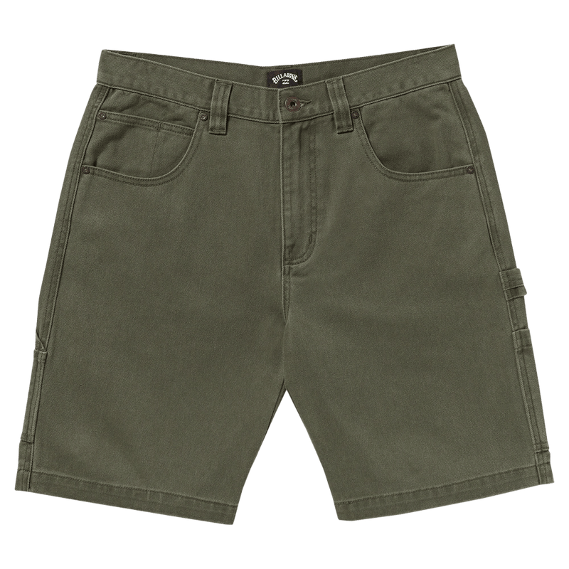 Front view of the Bad Dog Workwear Shorts from Billabong in Dark Military. Featuring belt loops and zip fly and button fastening and side pockets.