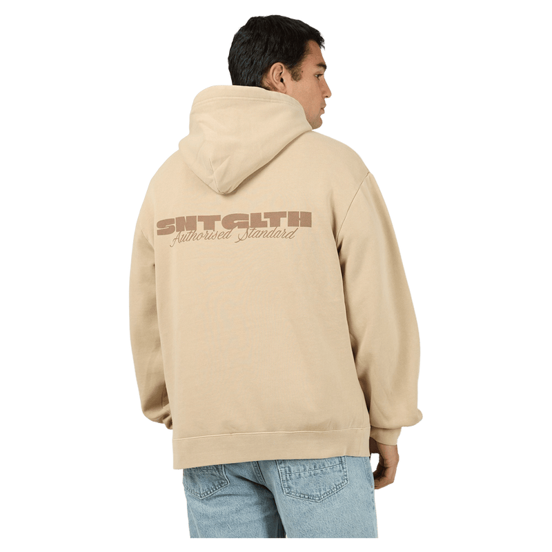 Back view of the St Goliath Compressor Hoodie in Sand colourway, men's model