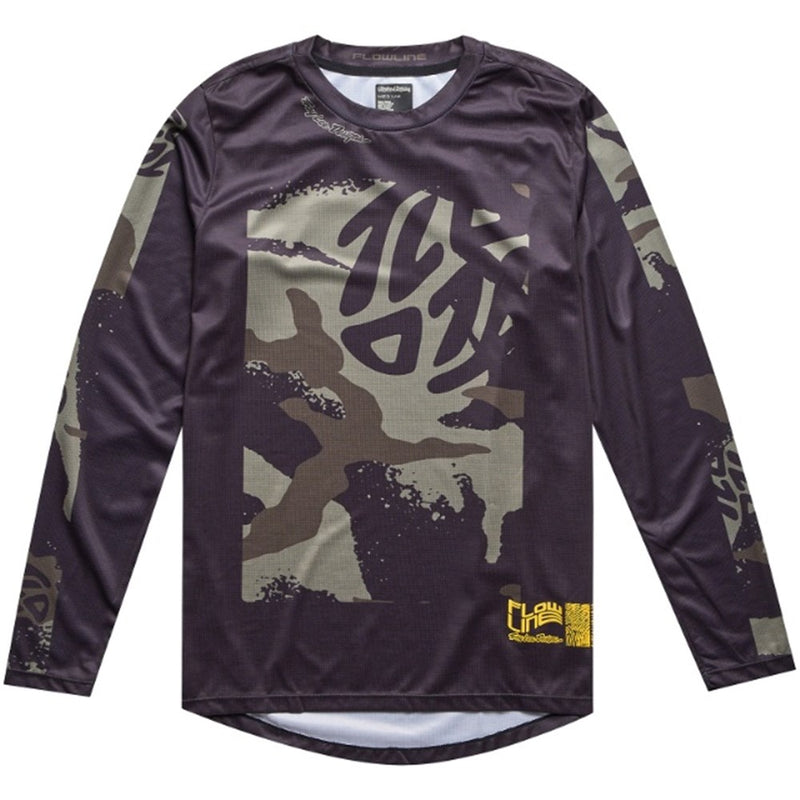Troy Lee Designs Flowline kids long sleeve MTB jersey in dark purple with camo chest and sleeve graphics.