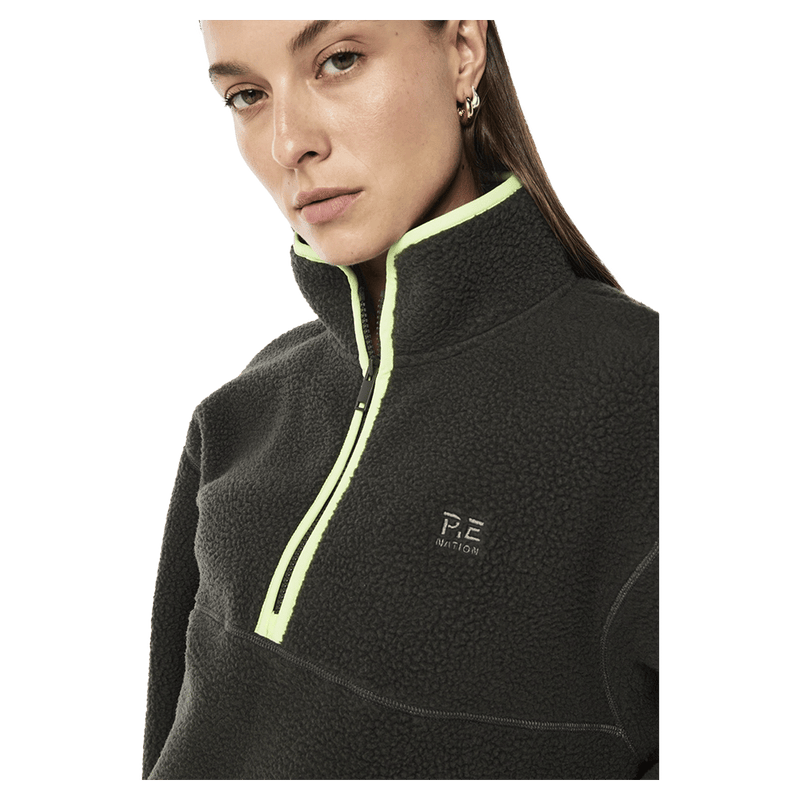 Close view of the PE NATION Verde Sherpa Quarter Zip Cavier/Washed Lime Jumper,  26/27 Womens's model