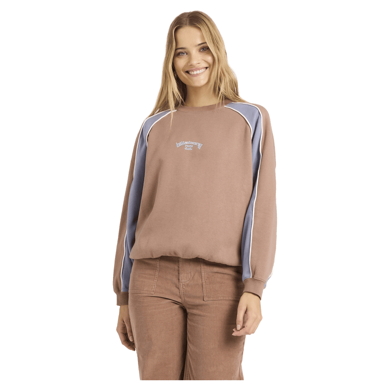 Front view of women wearing the Billabong Cool Times Crew - Womens in Sweet earth