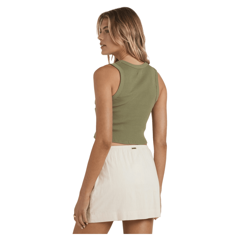 Rear view of a woman wearing the Summer Lover Tank - Womens from Billabong in Luv Army.