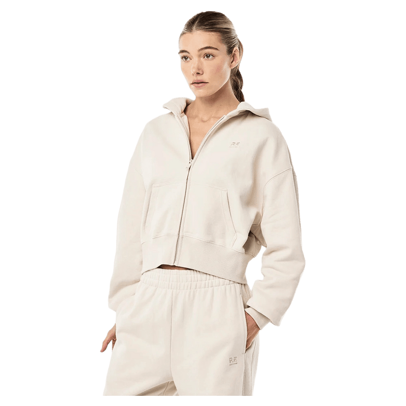 Side 2 view of the PE NATION Adventure Zip Through Cloud Jumper,  26/27 Womens's model