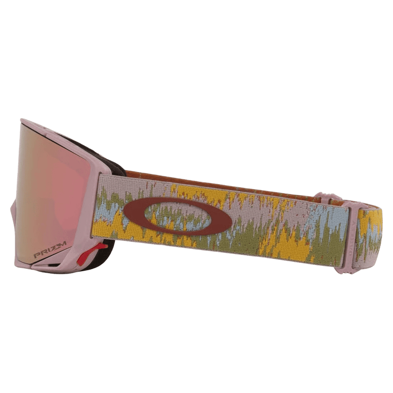 Side view of the Oakley Flow Scape XM Goggles in Static, Prizm Rose Gold and Iced lens, unisex model