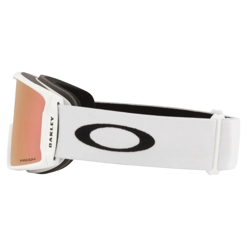 Side view of the Oakley Line Miner XL Goggles in Matte White, Prizm Rose Gold lens, unisex model
