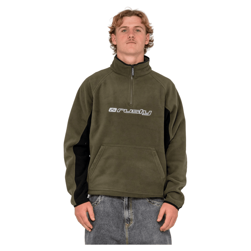 View of youth in Rusty Blizzard Quarter Zip Polar Fleece in colour Army Green