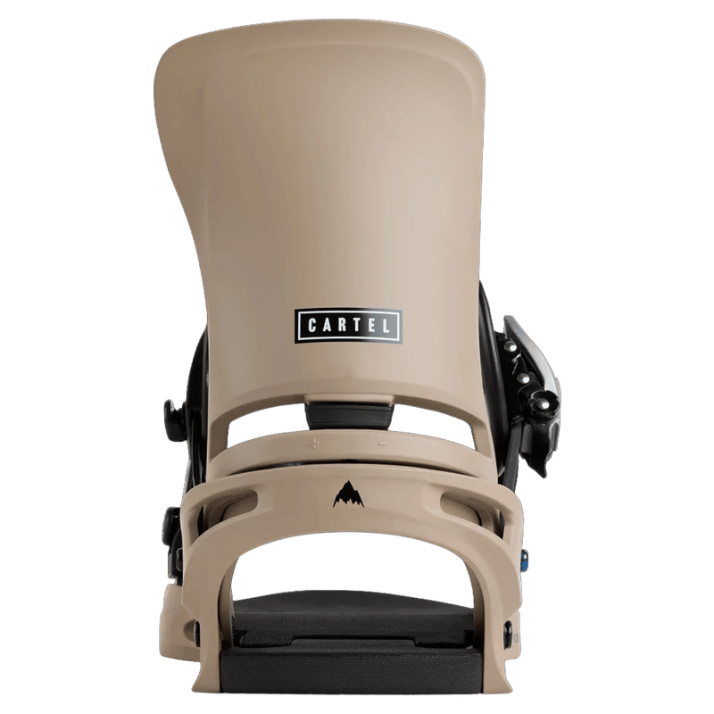 Back view of the Burton Cartel Bindings in Summit Taupe colourway, mens/unisex's model