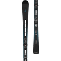 Detailed view of the Atomic 2027 Redster Q9 Revoshock S Ski with I12 GW Binding, featuring a black topsheet with speckled blue detail through the midsection, blue logo at the tips, black and white bindings, and silvery-white branding.
