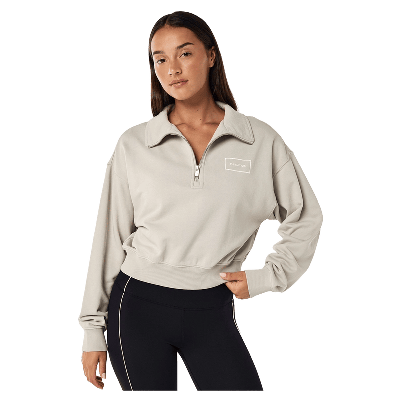 Main view of the PE NATION Tranquility Zip Sweat Washed Moonstruck Jumper,  26/27 Womens's model