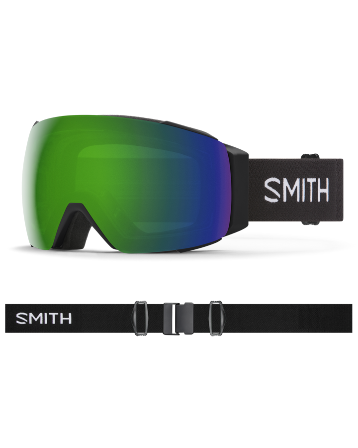 Smith I/O Mag XL goggles with green mirrored lens, black frame, and black strap with white logo.