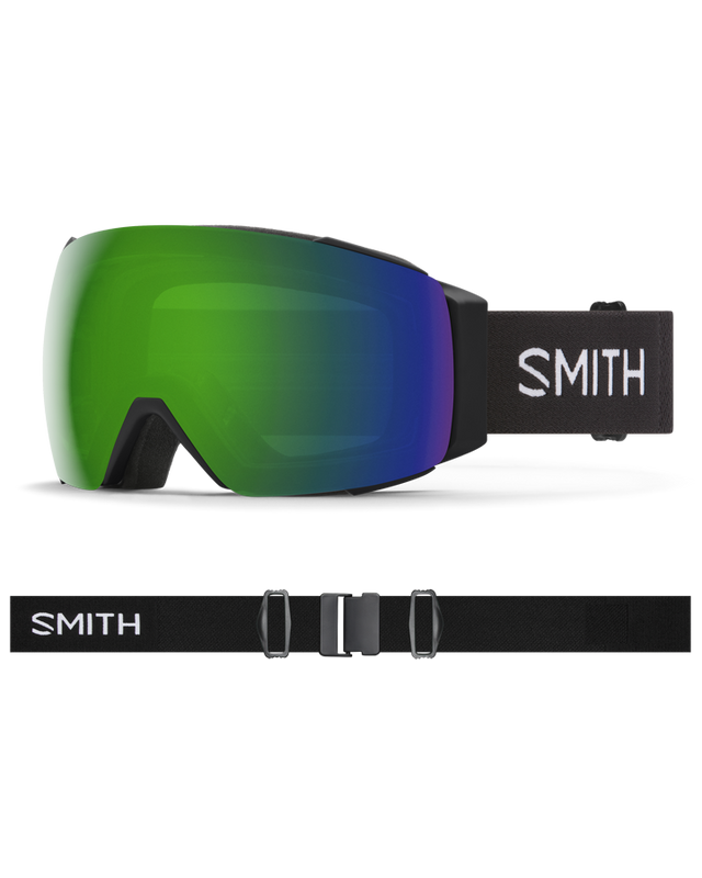 Smith I/O Mag XL goggles with green mirrored lens, black frame, and black strap with white logo.