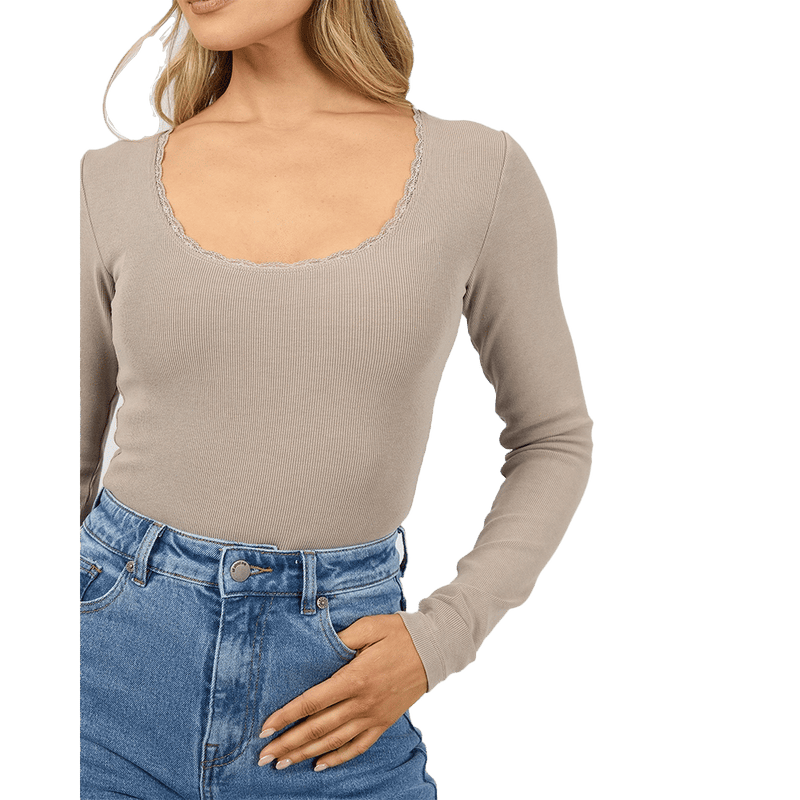 Washed Rib Scoop Neck L/S Tee - Womens