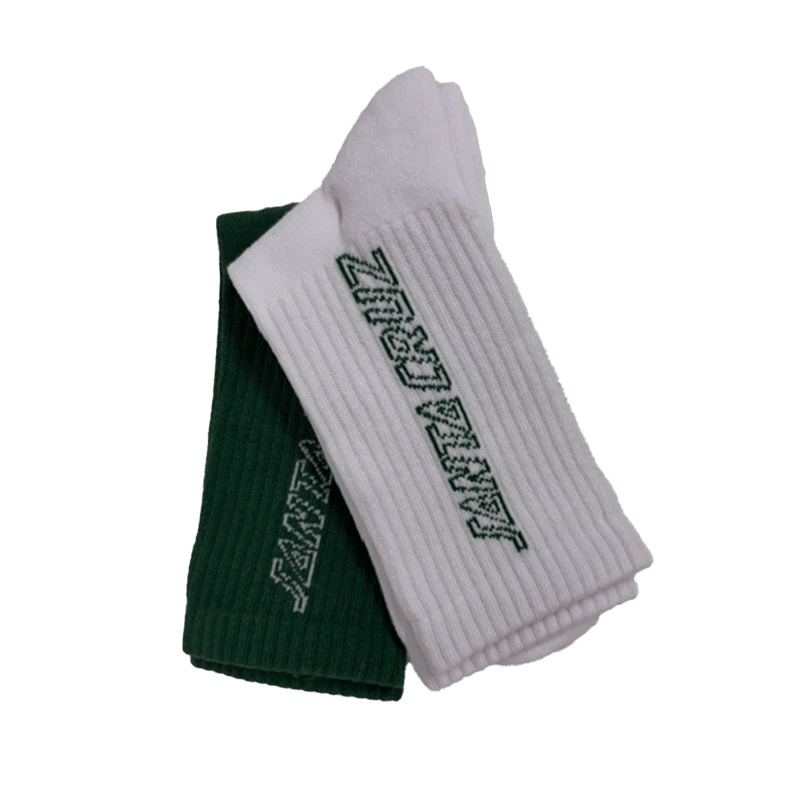 View of the Santa Cruz SC Hollow Strip Sock featuring two folded socks one green and one white with jacquard strip branding in contrast thread.