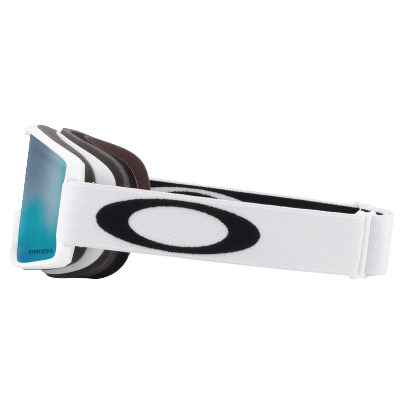 Side view of the Oakley Line Miner XS Goggles in Matte White, Prizm Sapphire lens, kids model