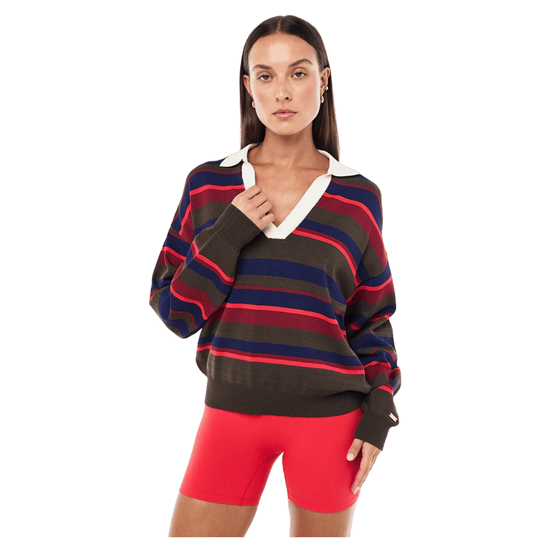 Main view of the PE NATION Retreat Stripe Collar Knit Strawberry Stripe Shirt,  26/27 Womens's model