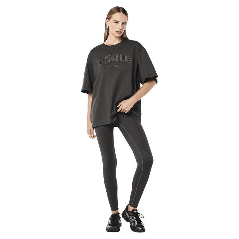 Full view of the PE NATION Core Oversized Tee Caviar Tee,  26/27 Womens's model