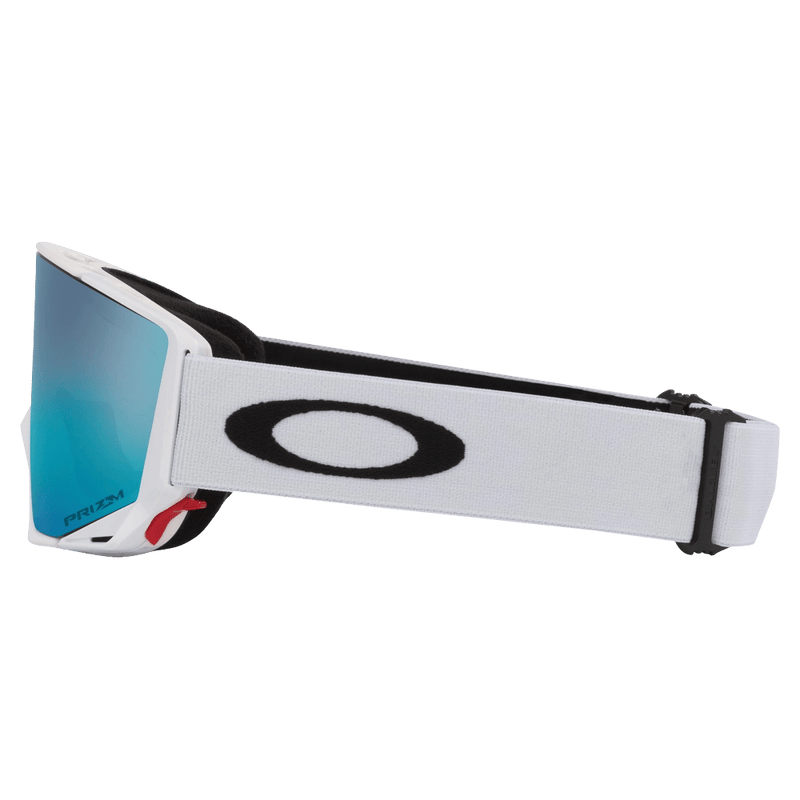 Side view of the Oakley Flow Scape XM Goggles in Matte White, Prizm Sapphire and Iced lens, unisex model