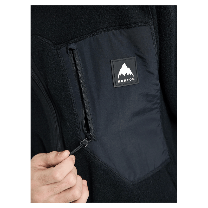 Chest pocket  view of the Burton Cinder Full-Zip Fleece in True Black colourway, unisex's model