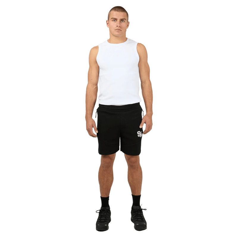 Full-body view of the St Goliath Interval Shorts in Black colourway, men's model