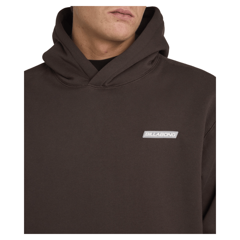 Front close view of man wearing the Billabong Adiv Slant Pop Hoodie  in Chocolate