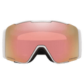 Front view of the Oakley Line Miner Pro XM Goggles in Matte White, Prizm Rose Gold and Sapphire lens, unisex model