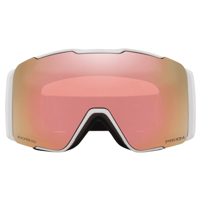Front view of the Oakley Line Miner Pro XM Goggles in Matte White, Prizm Rose Gold and Sapphire lens, unisex model
