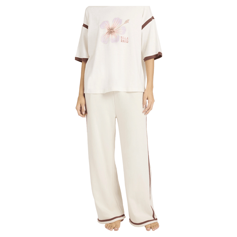 Front close view of women wearing the Billabong Back To It Trackpants - Womens in Salt Crystal