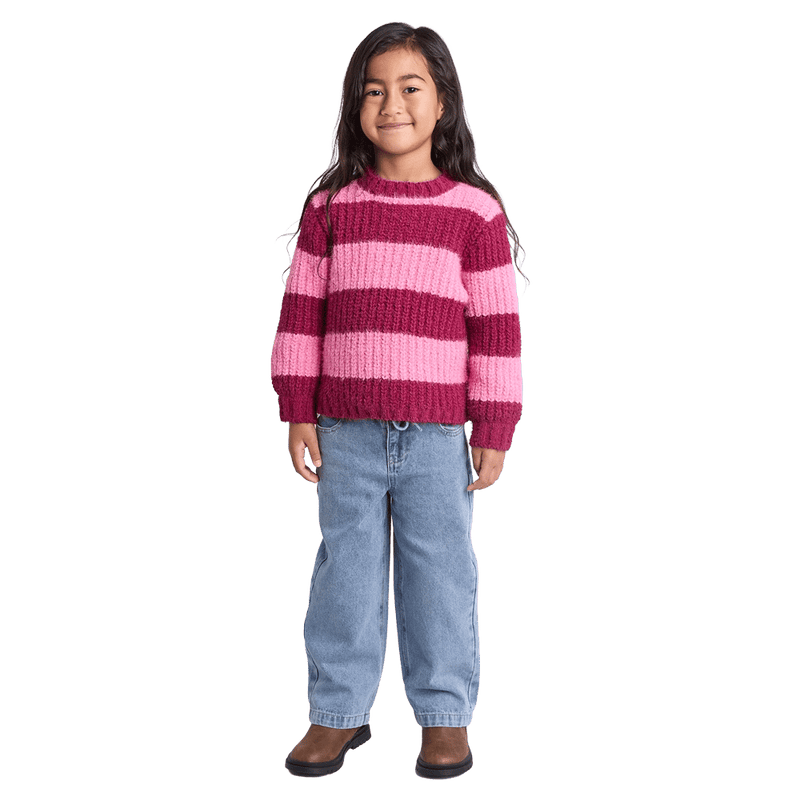 Full-body view of the Eve Girl Daria Knit Jumper in Canberry colourway, toddler's model