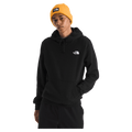 View of a man wearing The North Face Evolution Box NSE Hoodie in Black featuring an adjustable hood, kangaroo pocket and small white logo on the left chest.