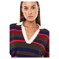 Close view of the PE NATION Retreat Stripe Collar Knit Strawberry Stripe Shirt,  26/27 Womens's model