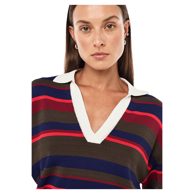Close view of the PE NATION Retreat Stripe Collar Knit Strawberry Stripe Shirt,  26/27 Womens's model