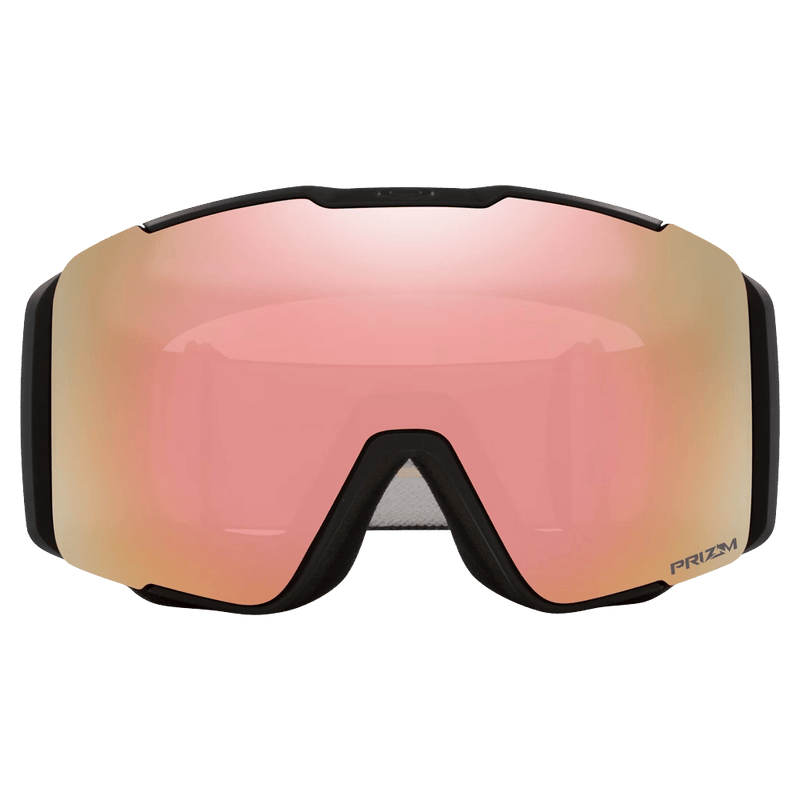Front view of the Oakley Line Miner Pro XM Goggles in Matte Black, Prizm Rose Gold and Iced lens, unisex model