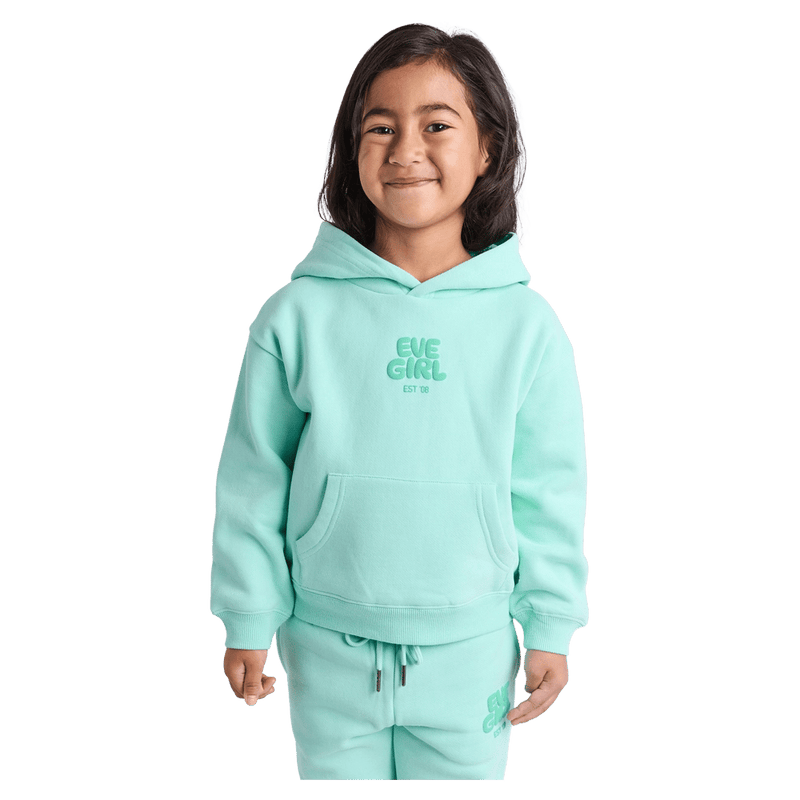 Front view of the Eve Girl Sport Club Hoodie in Mint colourway, toddler's model
