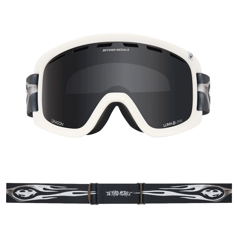 Front view of the Dragn D1 Goggles in Beyond Medals, LL Dark Smoke lens, unisex model