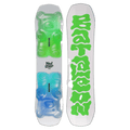 Bataleon Minishred kids snowboard with green and blue gummy bear graphics on white and a green wavy logo on the base.