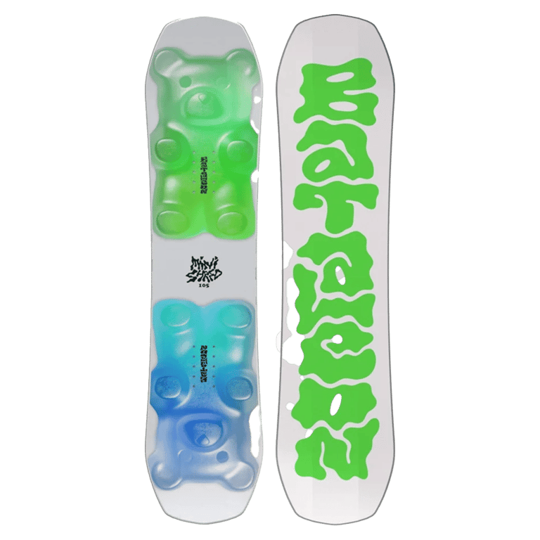Bataleon Minishred kids snowboard with green and blue gummy bear graphics on white and a green wavy logo on the base.