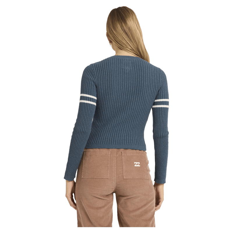 Back view of women wearing the Billabong Real Since 73 Sweater in Stormy