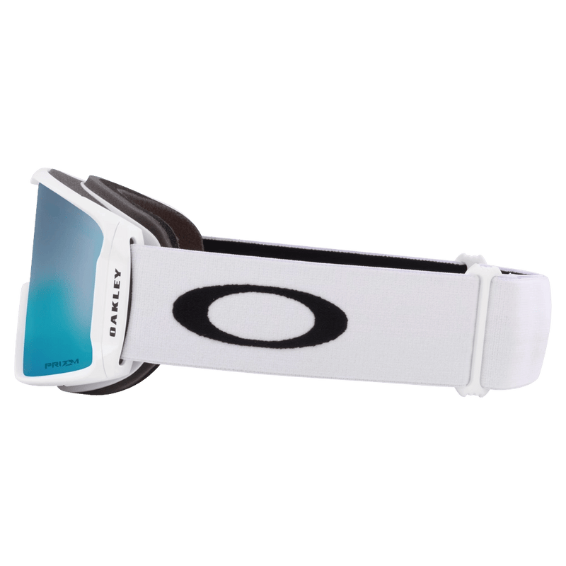 Side view of the Oakley Line Miner XM Goggles in Matte White, Prizm Sapphire lens, unisex model