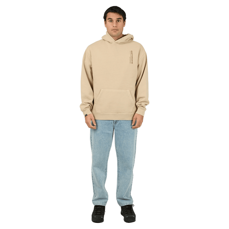 Full-body view of the St Goliath Compressor Hoodie in Sand colourway, men's model